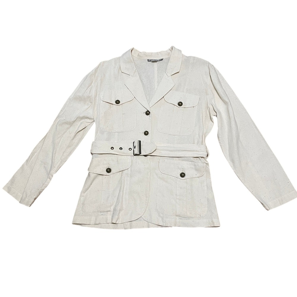 VTG Naf Naf Paris Women's S/T0 100% Raw Silk Safari Jacket Belted Utility Cream